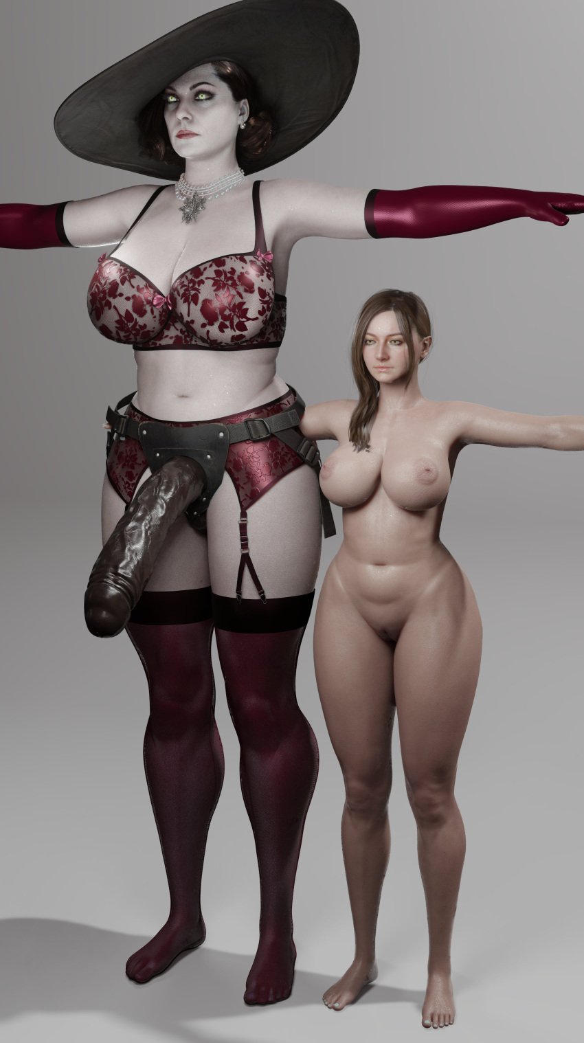 1monster 2girls 3d alcina_dimitrescu bbc_dildo big_breasts big_hat blonde_hair breasts dom3d garter_straps giantess glowing_eyes long_hair mia_winters naked no_bra no_panties nude resident_evil resident_evil_8:_village short_hair strap-on t-pose thighhighs thighs vampire_girl white_background