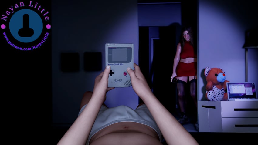 bedroom boxers_(clothing) brown_hair_female drinking drunk gameboy garter_straps imminent_rape imminent_sex in_bed male_pov milf mommy mother nayanlittle night older_female playing_videogame pov running_mascara runny_makeup short_skirt stockings suggestive_look tears wine_bottle younger_male