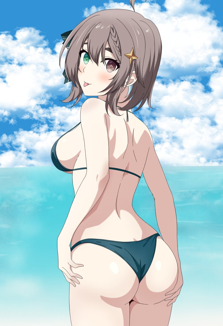 1girls 2d 2d_(artwork) ass back_view backboob beach bikini black_bikini blush bra clouds day female female_focus female_only grabbing_own_ass grey_hair heterochromia high_resolution highres hourglass_figure idol_corp idol_es latam_virtual_youtuber light-skinned_female light_skin looking_at_viewer looking_back medium_breasts meica ocean outdoors raidenakatsuki short_hair sky smiling smiling_at_viewer solo solo_female solo_focus standing summer swimsuit thong thong_bikini tongue tongue_out two_piece_swimsuit virtual_youtuber vtuber vtuberfanart water young younger_female