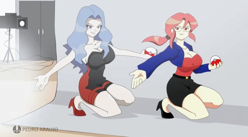 2girls blue_eyes elite_four glasses karen_(pokemon) large_breasts lorelei_(pokemon) photoshoot pokeball pokemon pokemon_frlg pokemon_gsc pokemon_hgss pokemon_lgpe pokemon_rgby red_hair short_skirt tagme