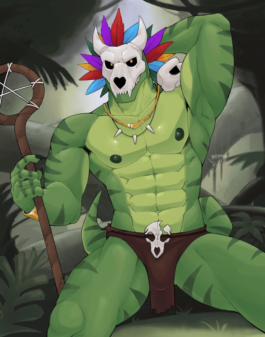 abs absurd_res anthro bottomwear clothed clothing flaccid forest front_view hand_behind_head hi_res jungle lihzahrd lizard loincloth loincloth_only male male_focus male_only mask mr_sharky muscular muscular_anthro muscular_male nipples pecs plant reptile scalie sitting skull_mask solo staff terraria topless tree tribal witch_doctor_(terraria)