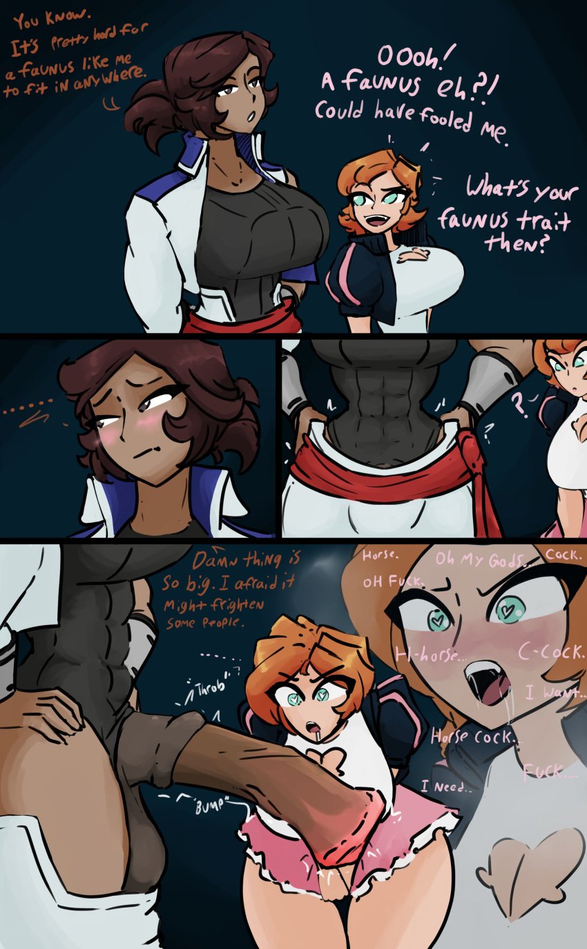 1futa 1girls 2024 abs animal_genitalia big_breasts big_penis blush boob_window breasts brown_hair bulge clothed clothing cock_hungry color comic dark-skinned_futanari dark_skin dialogue digital_drawing_(artwork) drooling duo elm_ederne embarrassed english_text erection female futa_on_female futanari getting_erect gray_eyes heart-shaped_pupils horsecock horsecock_futanari huge_breasts huge_cock huge_penis human in_love_with_cock jakearmorsmith light-skinned_female light_skin mostly_clothed muscular_futanari nora_valkyrie orange_hair penis penis_awe penis_reveal ponytail presenting_penis red_hair rooster_teeth rwby short_hair shortstack simple_background skirt standing teal_eyes text throbbing_penis turned_on uncensored undressing