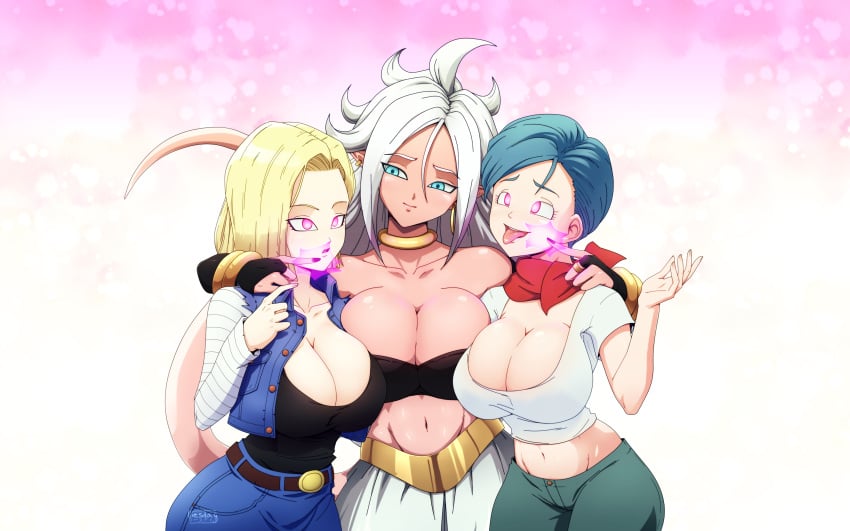 3girls android_18 android_21 android_21_(good) blonde_hair blue_eyes breasts bulma_briefs cameltoe cleavage clothing curly_hair curvy dragon_ball dragon_ball_fighterz dragon_ball_super dragon_ball_z erect_nipples female huge_areolae huge_ass huge_breasts hypnosis liesday long_hair looking_up majin majin_android_21 milf mind_control monster_girl multiple_girls pink_eyes pink_skin puffy_nipples short_hair simple_background symmetrical_docking tail thick_lips very_long_hair voluptuous white_hair wide_hips