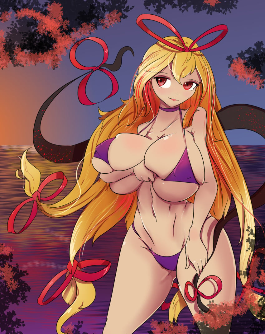 1girls arm_under_breasts bikini_only blonde_hair gap_(touhou) greenm holding_breast holding_own_breasts huge_breasts in_water lipstick long_hair midriff nipple_bulge nipples_visible_through_clothing ocean purple_bikini red_eyes ribbon sidelocks smirk solo sunset thick_thighs thighs touhou yakumo_yukari yukari_yakumo