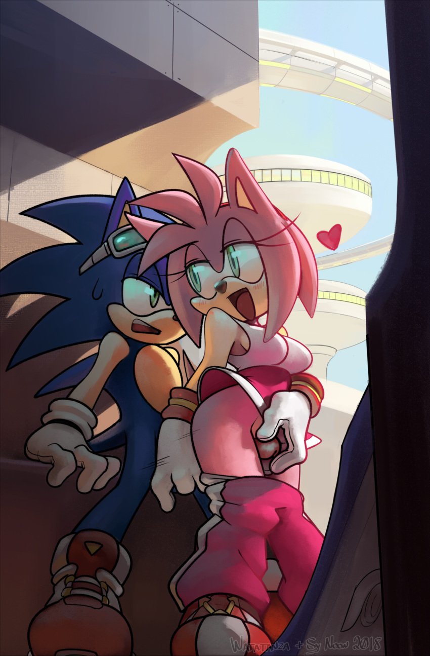 amy_rose anthro blush breasts clothed clothed_sex clothing collaboration duo exposed_torso female footwear from_behind glans gloves hairband handjob handwear heart hedgehog highres male mammal mostly_nude open_mouth pants_down partially_clothed penis sega sex shoes sonic_(series) sonic_riders sonic_the_hedgehog straight sweat sy_noon thigh_sex watatanza