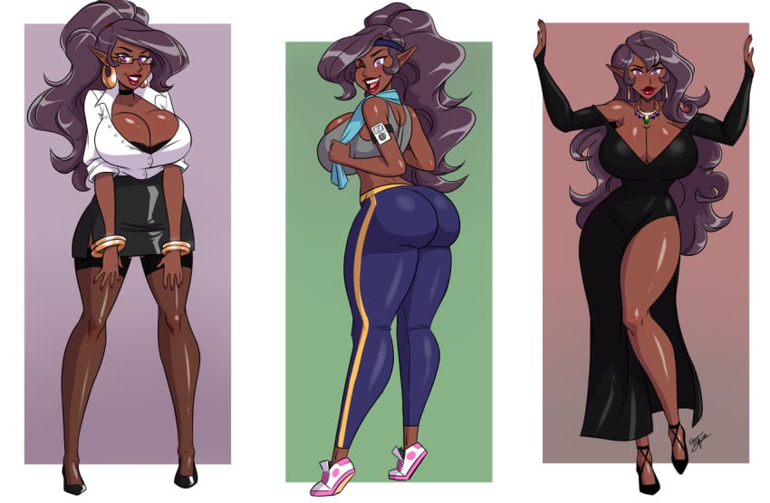 1girls aeolus06 ass black_dress bracelet breasts cleavage clothing curvy dark-skinned_female dark_skin dat_ass dress earrings elf female female_only freckles glasses heels high_heels huge_ass huge_breasts jewelry large_breasts legwear lipstick long_hair looking_at_viewer looking_back miniskirt mp3_player necklace office_lady one_eye_closed original pencil_skirt pinup pointy_ears purple_eyes purple_hair red_lipstick shiny shiny_hair shiny_skin smile solo sports_bra sweatpants thick_thighs thighhighs thighs tight_clothing vanessa_(live_for_the_funk) wink workout yoga_pants