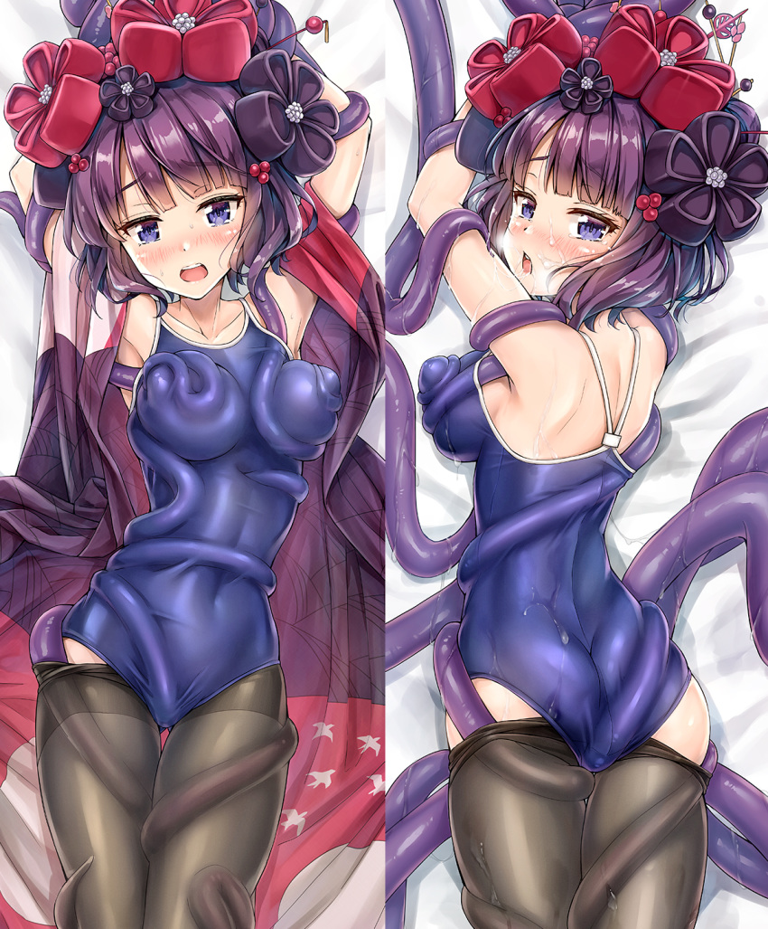 armpits arms_up ass ass_visible_through_thighs bare_shoulders black_legwear blue_eyes blue_swimsuit blush bound bound_arms breast_grab breasts collarbone competition_school_swimsuit covered_navel cum cum_on_clothes cum_string dakimakura eyebrows_visible_through_hair facial fate/grand_order fate_(series) female flower from_above grabbing hair_flower hair_ornament hair_stick head_tilt highres implied_penetration katsushika_hokusai_(fate) kotatsu_(kotatsu358) looking_down lying medium_breasts multiple_views nose_blush on_back on_stomach one-piece_swimsuit open_mouth pantyhose pantyhose_pull pantyhose_under_swimsuit purple_hair round_teeth shiny shiny_hair short_hair swimsuit tears teeth tentacle tentacles_under_clothes thigh_gap thighband_pantyhose upper_body