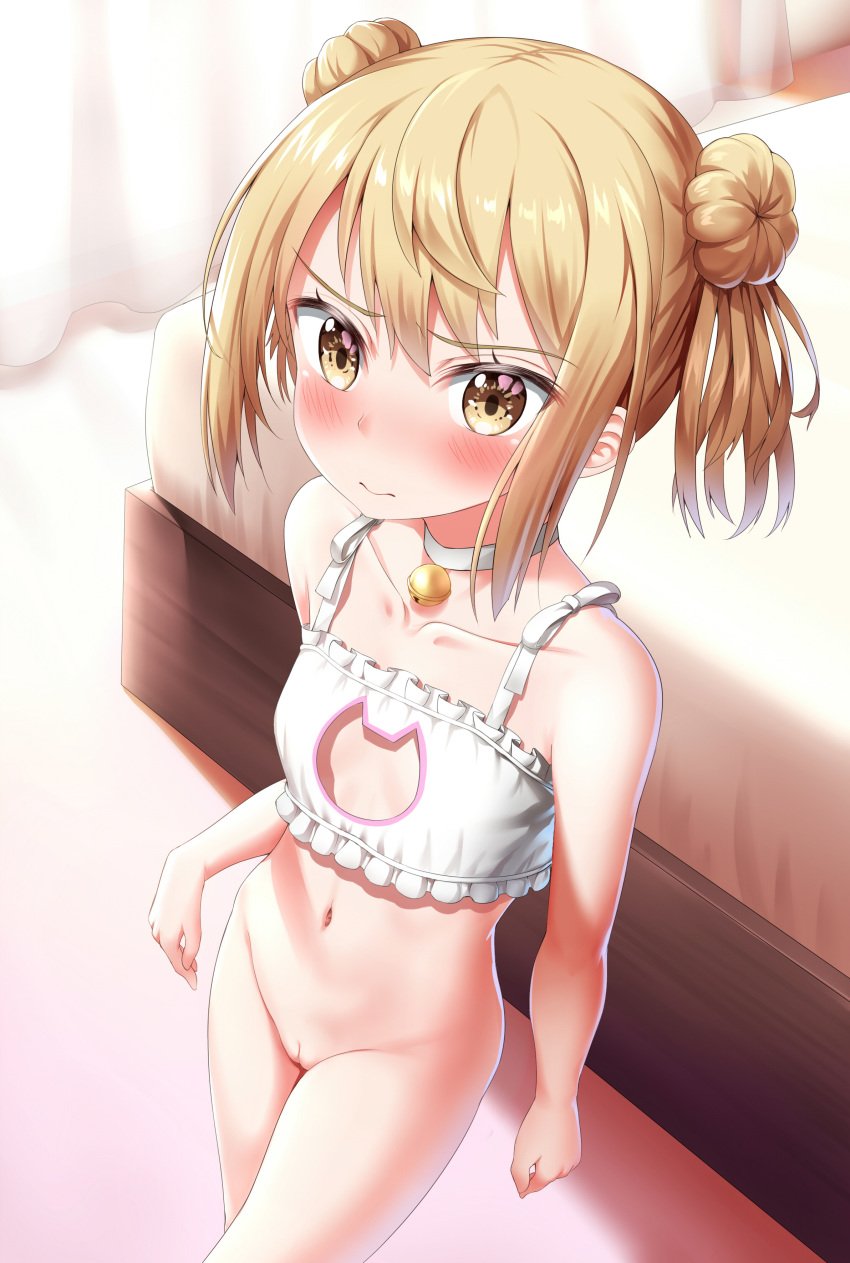 absurdres arms_at_sides bare_arms bare_legs bed bed_sheet bell bell_choker blonde_hair blush bottomless breasts cat_lingerie choker closed_mouth collarbone curtains double_bun eyebrows_visible_through_hair female highres indoors kantai_collection looking_at_viewer meme_attire michishio_(kantai_collection) navel nedia_(nedia_region) pussy short_hair small_breasts solo standing twintails underwear underwear_only white_choker yellow_eyes