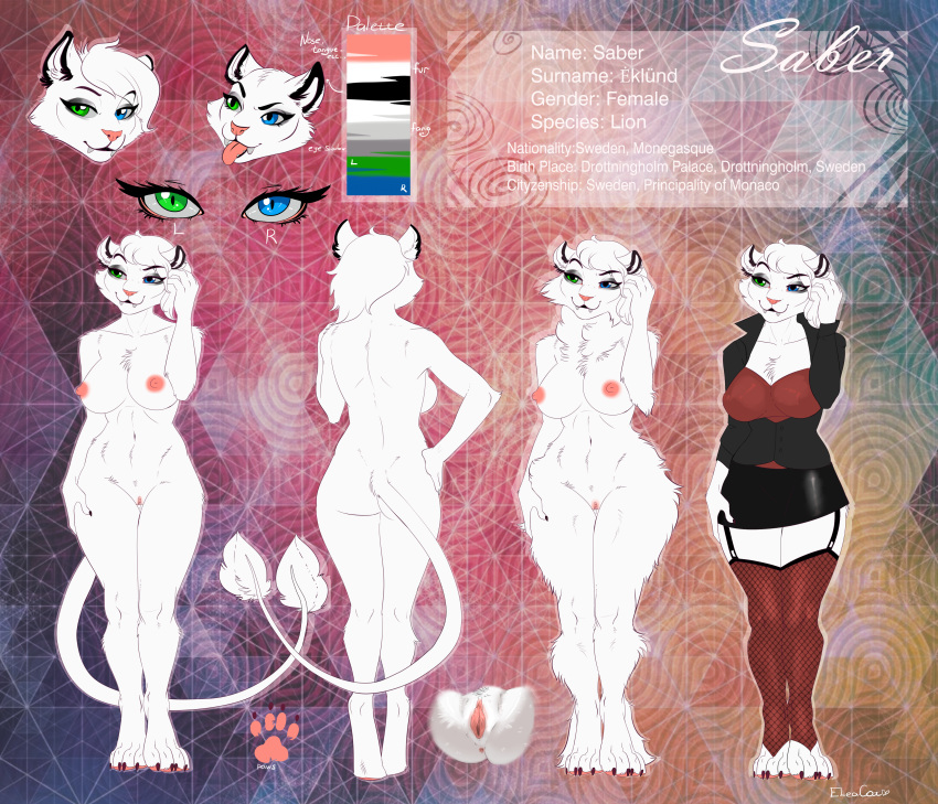 2018 anthro anus ass big_breasts blue_eyes breasts business_woman chest_tuft claws clothed clothing digital_media_(artwork) eleacat fangs feline female fluffy fur green_eyes hair heterochromia hi_res legwear lion mammal mature_female miniskirt nipples nude pussy saber_(firestorm3) skirt smile solo standing stockings teeth thigh_highs tongue tuft voluptuous white_fur wide_hips winter_coat