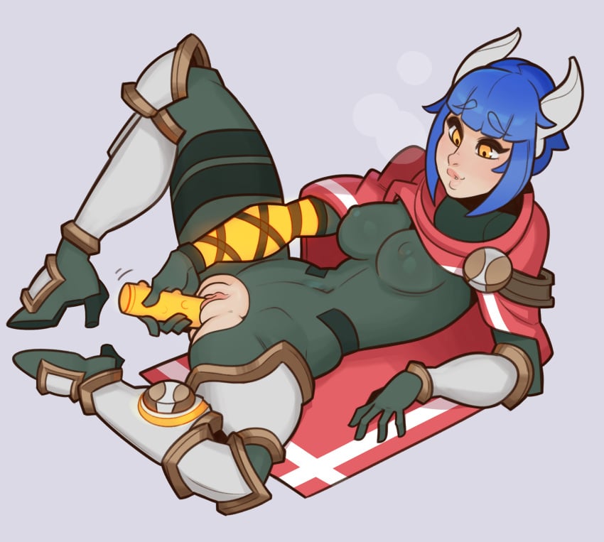 1girls battlerite bodysuit breasts covered_navel crotchless destiny_(battlerite) dildo erect_nipples female masturbation pussy skin_tight solo splashbrush spread_legs