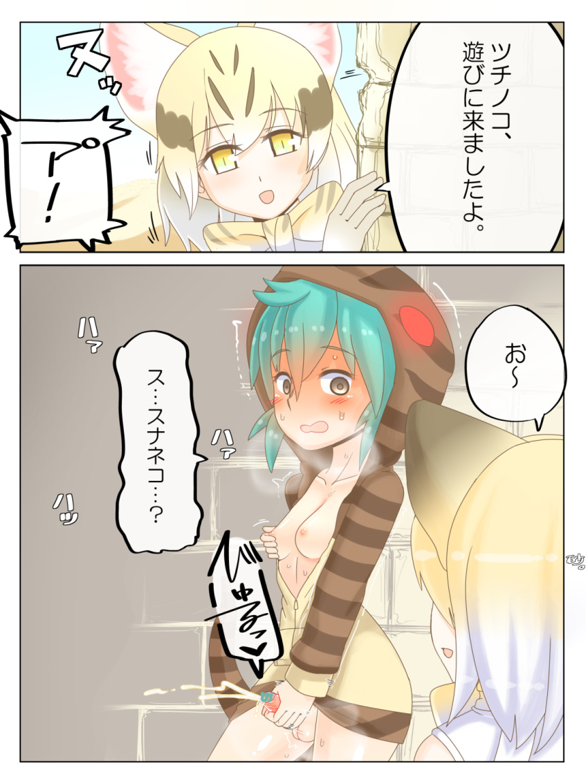 animal_ears aqua_hair blush breasts cat_ears cum ejaculation erection futanari highres hood hoodie intersex japari_symbol kemono_friends masturbation nb_(pixiv594732) nipple_tweak nipples penis sand_cat_(kemono_friends) sand_cat_print self_fondle striped_hoodie sweat testicles translation_request tsuchinoko_(kemono_friends) walk-in