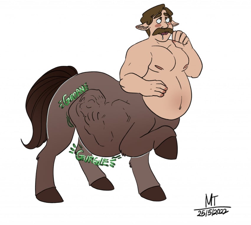 2022 2boys 2d artist_request barley_lightfoot blush brown_hair centaur chubby colt_bronco dated digital_media_(artwork) disney drooling light_skin moustache onward_(2020) pixar pleasure_face simple_background solo_male vore white_background