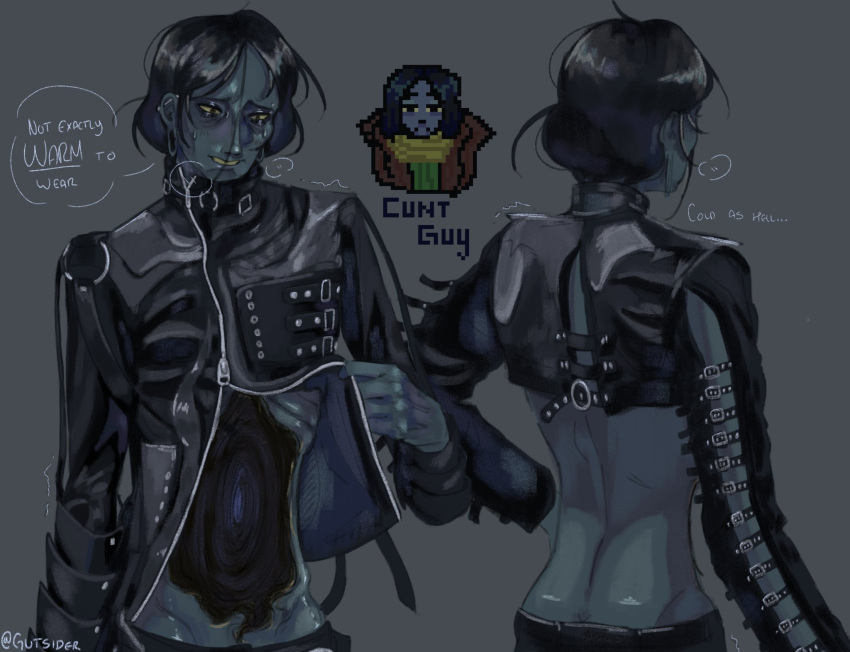 black_hair blue_skin coat_guy_(no,_i'm_not_a_human) english_text goth goth_boy goth_clothing grey_skin leather leather_clothing leather_jacket low_pants male male_only no,_i'm_not_a_human panting shivering skinny skinny_male solo_male text thin_waist twink unusual_anatomy unzipped_jacket unzipping