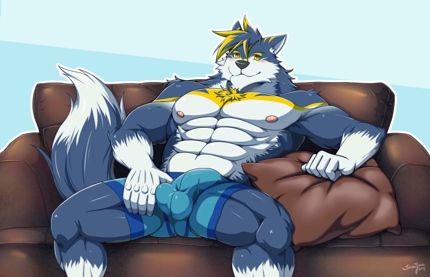 abs agonylight anthro beach bed biceps big_muscles black_fur bulge canine cellphone claws clothed clothing fur hi_res kemono looking_at_viewer male male_only mammal muscular muscular_male necktie outside pants pecs penis_outline phone seaside sitting smile snowjune solo topless white_fur wolf yellow_eyes