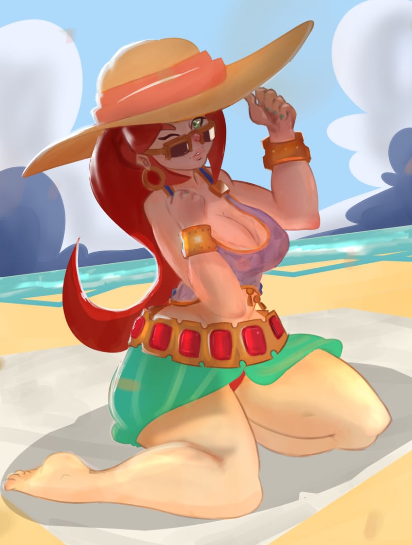 1girls 2018 alternate_costume beach big_breasts blotchbrush blue_nails breast_squish breasts cassie_(paladins) female female_only ginger green_eyes looking_at_viewer orange_hair paladins see-through see-through_bikini skirt solo solo_focus sunbathing sunglasses sunkissed_cassie thick_thighs thighs wink