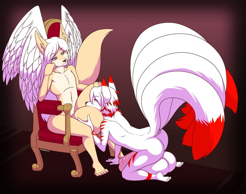 anthro ass ball_fondling balls big_balls canine chair demigod eye_contact flaccid fondling fox fur girly gold_fur hair huge_balls hyper hyper_balls hyper_penis king long_hair male mammal master/pet multi_tail multi_wing nude penis platinum_eyes red_eyes red_fur royalty sitting smile sorennokitsune throne wastedtime white_fur white_hair wings worship xunyll yaoi