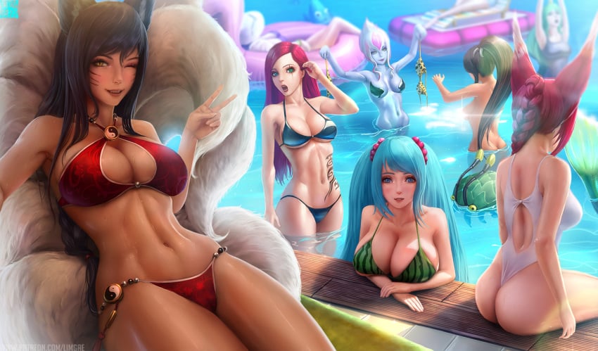 6+girls ahri big_breasts bikini blue_hair breasts caitlyn_kiramman cleavage evelynn female female_only janna_windforce katarina_du_couteau large_breasts league_of_legends limgae looking_at_viewer lulu_the_fae_sorceress nami_(league_of_legends) nidalee pool_party_caitlyn pool_party_lulu pool_party_series rift_scuttler riot_games scuttle_crab smooth_skin sona_buvelle soraka star_guardian_series star_guardian_soraka vastaya xayah yordle