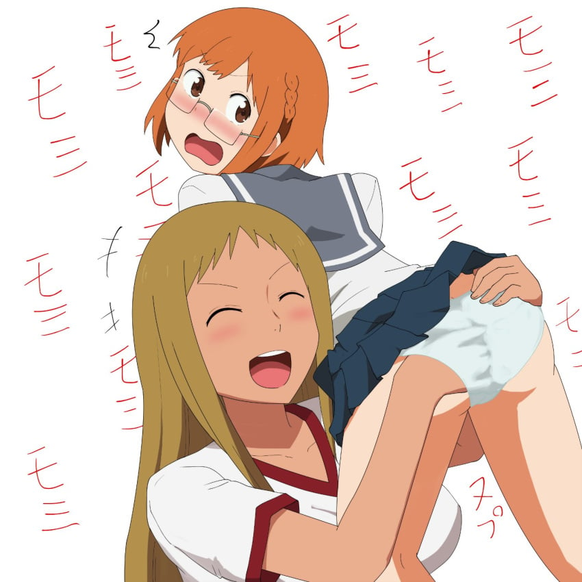 2girls anal_fingering ass bangs blue_skirt blush braid brown_eyes brown_hair chio-chan_no_tsuugakuro eyebrows_visible_through_hair fingering glasses grey_sailor_collar hand_up highres kabaddi kushitori_madoka looking_at_another looking_back miyamo_chio multiple_girls open_mouth panties pleated_skirt sailor_collar school_uniform serafuku shirt short_sleeves skirt smile underwear white_shirt yuri