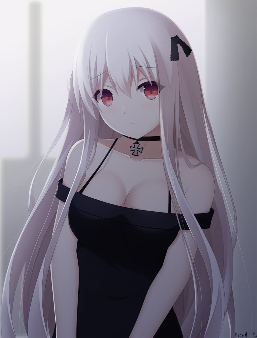 bangs bare_shoulders black_choker black_dress blurry blurry_background breasts choker cleavage closed_mouth dress female girls'_frontline hair_between_eyes hair_ornament hair_ribbon highres iron_cross jewelry kar98k_(girls_frontline) keenh long_hair looking_at_viewer pendant red_eyes ribbon shiny shiny_skin signature silver_hair sleeveless sleeveless_dress solo standing sunlight upper_body very_long_hair window