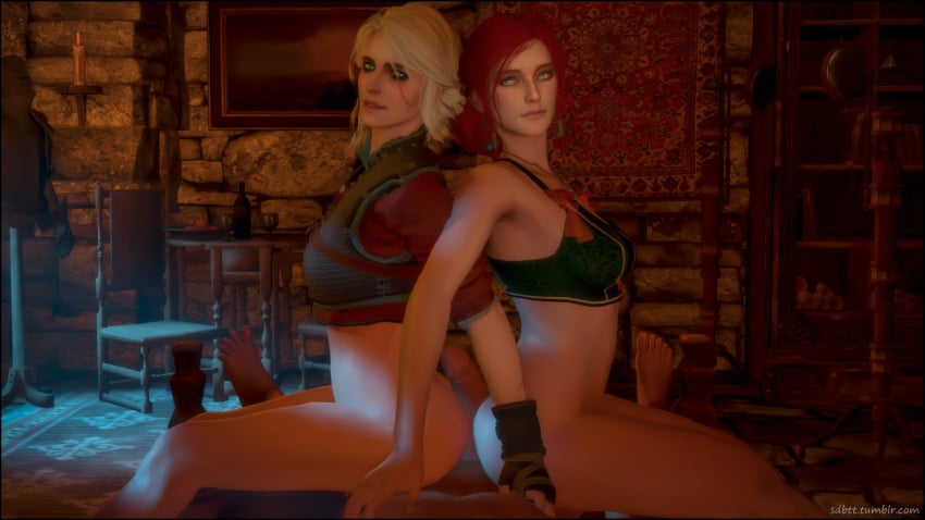 2girls 3d ass bed big_ass big_penis buttjob carpet cd_projekt_red chair ciri female green_eyes indoors male multiple_girls painting red_hair scar sdbtt the_witcher the_witcher_(series) the_witcher_2 the_witcher_3:_wild_hunt triss_merigold wall white_hair