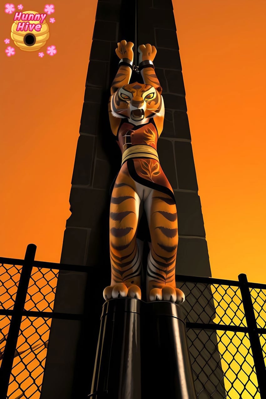 3d ai_generated animal_ears animal_humanoid anthro anthro_female anthro_only anthro_solo armpits arms_up artist_logo bare_pussy bare_vagina belt black_striped_fur black_stripes bondage bottomless bottomless_anthro bottomless_female captured captured_female captured_heroine chained_up chinese_clothes chinese_clothing clawed_feet clawed_toes claws clothed clothed_anthro clothed_female clothes clothing dreamworks dreamworks_animation english_text feline feline_humanoid female_anthro female_only female_solo fence from_below from_below_view front_view furry furry_ears furry_female furry_only furry_solo genitals handcuffed handcuffs hands_over_head hands_up high_res high_resolution highres humiliation hunnyhive hunnyhive(artist) hunnyhivestudio hunnyhivestudios kung_fu_panda legs legs_together low_angle low_angle_view mammal martial_arts_uniform naked_pussy no_panties no_underwear no_underwear_(female) open_mouth outdoors outdoors_nudity partially_clothed partially_clothed_anthro partially_clothed_female paws pussy pussy_focus pussy_lips pussy_peek red-eyed_female red_clothes red_clothing red_eyes red_eyes_female red_top red_topwear restrained restrained_arms restrained_female restrained_wrists sash solo solo_anthro solo_female solo_furry standing striped striped_body striped_fur striped_legs sunset thick_legs thigh_gap tiger tiger_ears tiger_girl tiger_stripes upskirt upskirt_view vagina whiskers white_whiskers yellow_sash