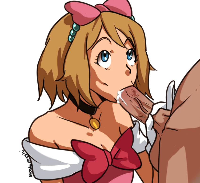 1boy 1girls :>= bare_shoulders blue_eyes breasts brown_hair choker cleavage clothed_female_nude_male dress faceless_male fellatio female gloves hair_ornament hand_on_head handjob human human_only looking_up moshimashi nintendo oral penis pokemon pokemon_xy ribbon serena_(pokemon) short_hair showcase_outfit source_request straight text watermark