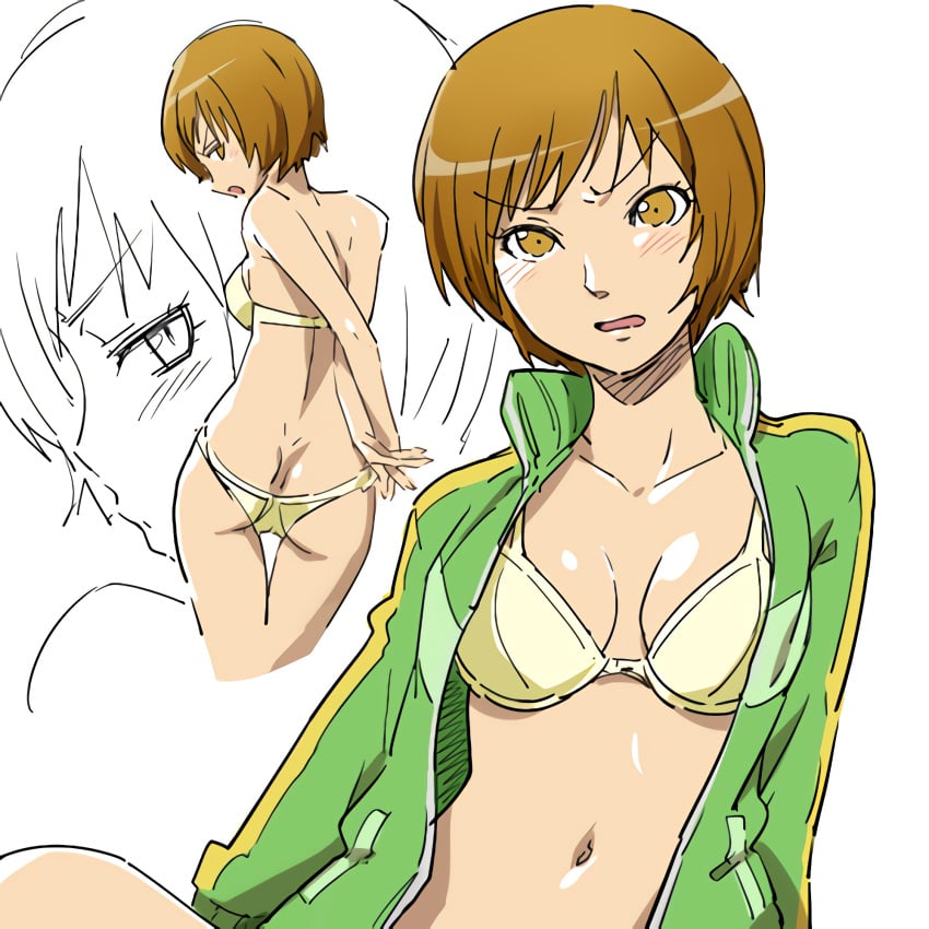 1girls annoyed arms_behind_back ass ass_cleavage atlus back blush bra breasts brown_hair butt_crack cleavage hairu highres jacket lingerie looking_at_viewer looking_back lowres medium_breasts navel open_clothes open_jacket panties persona persona_4 satonaka_chie short_hair thigh_gap tomboy track_jacket tsundere underwear