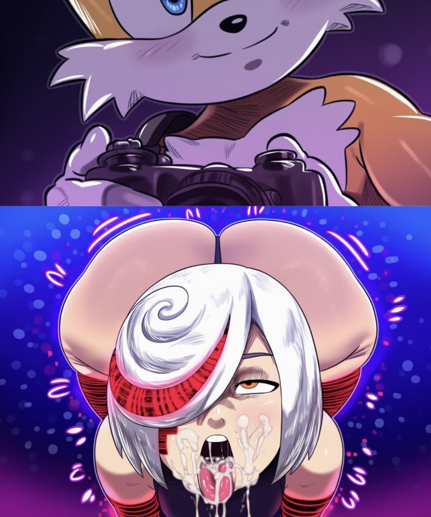 1boy 1girls 2d ai_generated all_fours artificial_intelligence ass big_ass camera cum_in_mouth cum_on_face curvy d-art huge_ass huge_thighs large_ass pov sage_(sonic_frontiers) short_hair shortstack sonic_(series) sonic_the_hedgehog_(archie) sonic_the_hedgehog_(comics) sonic_the_hedgehog_(series) tails tails_the_fox thick_thighs thighs tongue tongue_out white_hair wide_hips