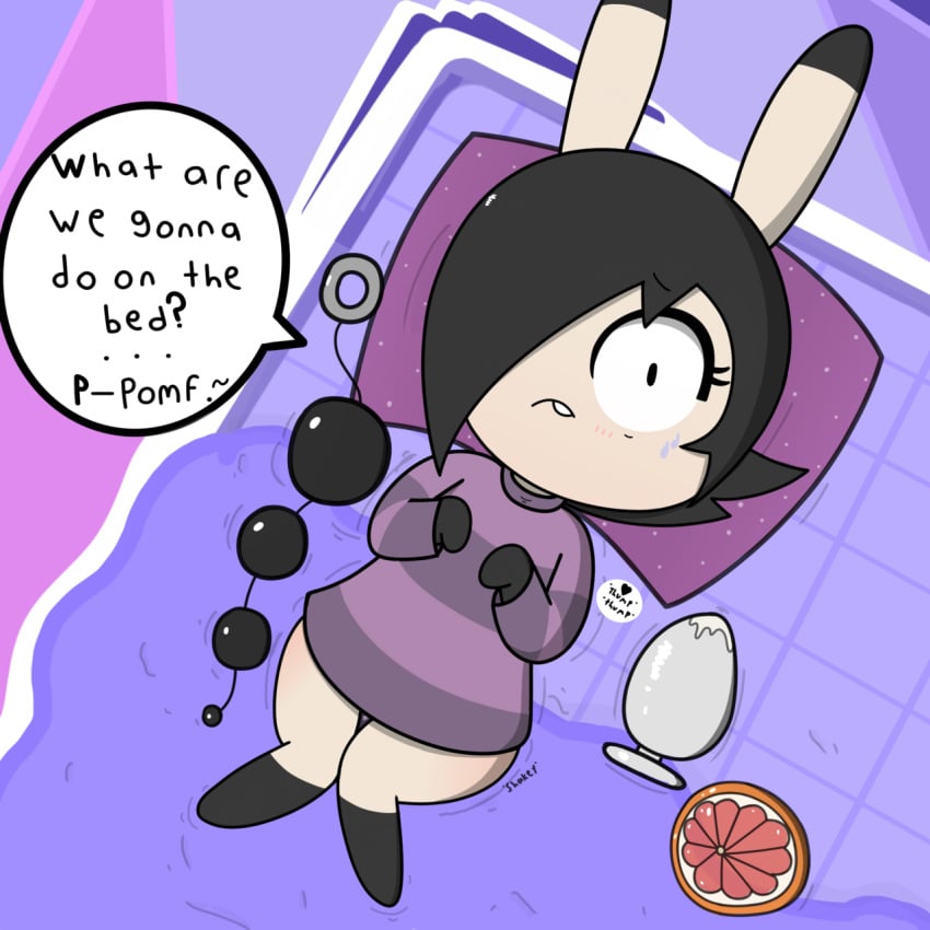 anal_beads anthro bed black_hair bottomless buttplug clothed clothing dumbun female grapefruit hair hi_res lagomorph lying mammal mykendyke on_back on_bed pillow pomf rabbit sex_toy shirt solo sweat