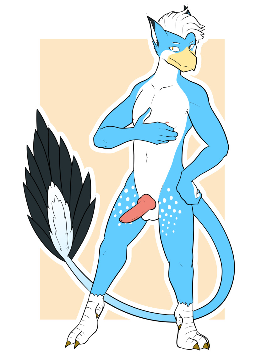 2018 anthro avian balls beak blue_fur bran-draws-things claws erection feathers fur gryphon hair looking_at_viewer male male_only nipples nude penis simple_background smile solo standing talons toe_claws white_fur