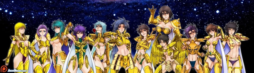 6+girls aquarius_camus aries_mu armor breasts cancer_deathmask capricorn_shura female gemini_saga human jago_dibuja leo_aiolia libra_dohko long_hair pisces_aphrodite rule_63 sagittarius_aiolos saint_seiya scorpio_milo taurus_aldebaran virgo_shaka