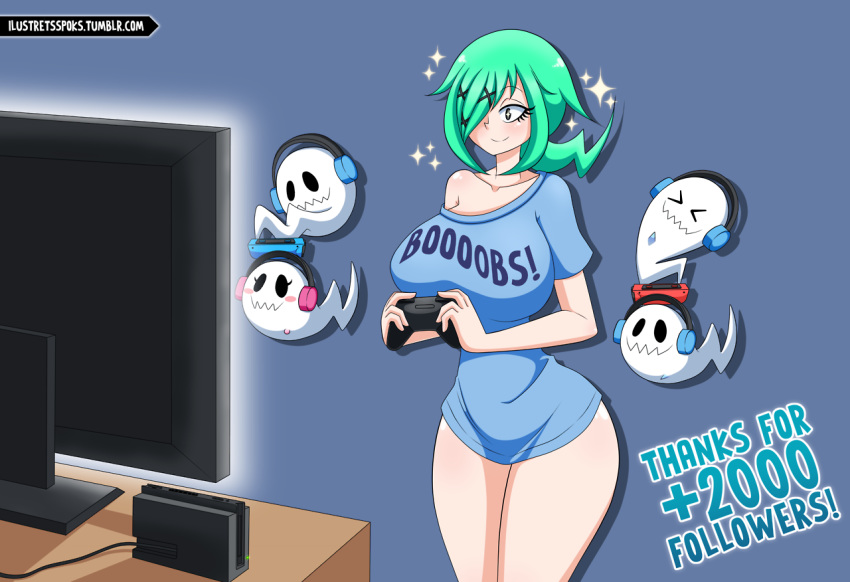 1girls ambiguous_gender big_breasts black_eyes blue_hair booky bottomless breasts cleavage clothing female ghost hair_over_one_eye huge_breasts human ilustretsspoks nintendo nintendo_switch original_character shirt smile standing text thick_thighs url watermark wide_hips