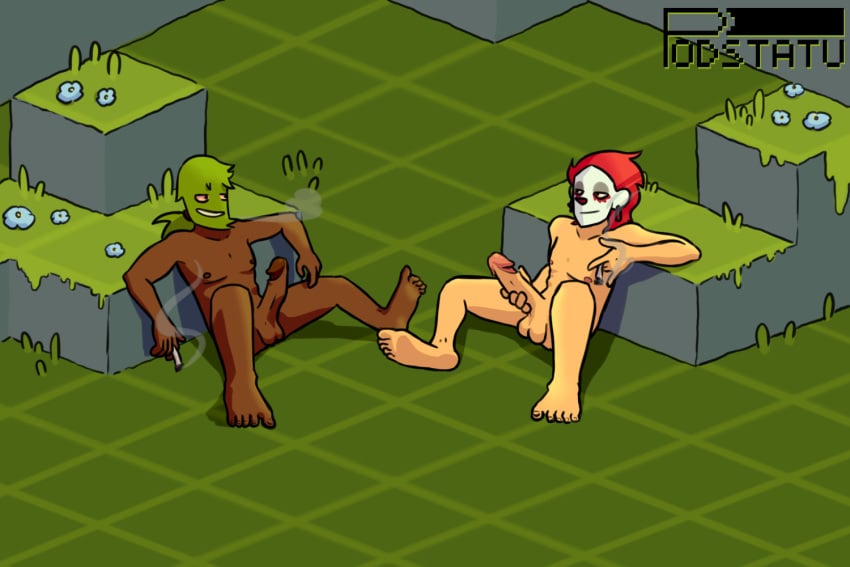 2boys cigarettes clown clownface dark-skinned_male dofus duo_focus earring erection gay green_hair holding_penis inviting_to_sex large_penis masqueraider nude penis_size_difference pierced_ear podstatu pointing_at_penis red_hair sadida sitting smoke smoking spread_legs wakfu yaoi zobal