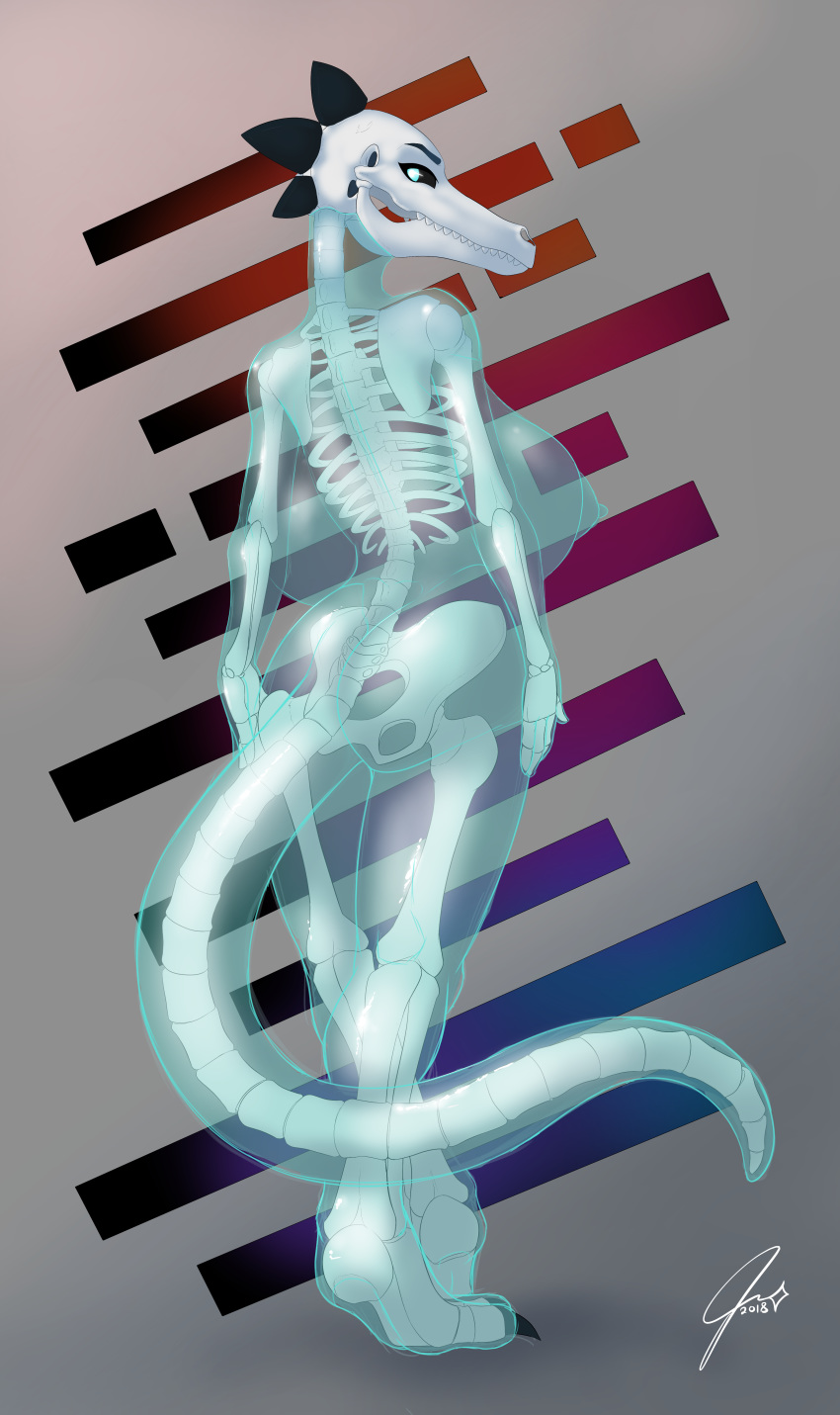 anthro ass balderdash999 bea_(nitw) big_breasts bone breasts clothing crocodile crocodilian ectoplasm female ghost huge_breasts night_in_the_woods nude reptile scalie skeleton solo spirit teeth translucent translucent_body