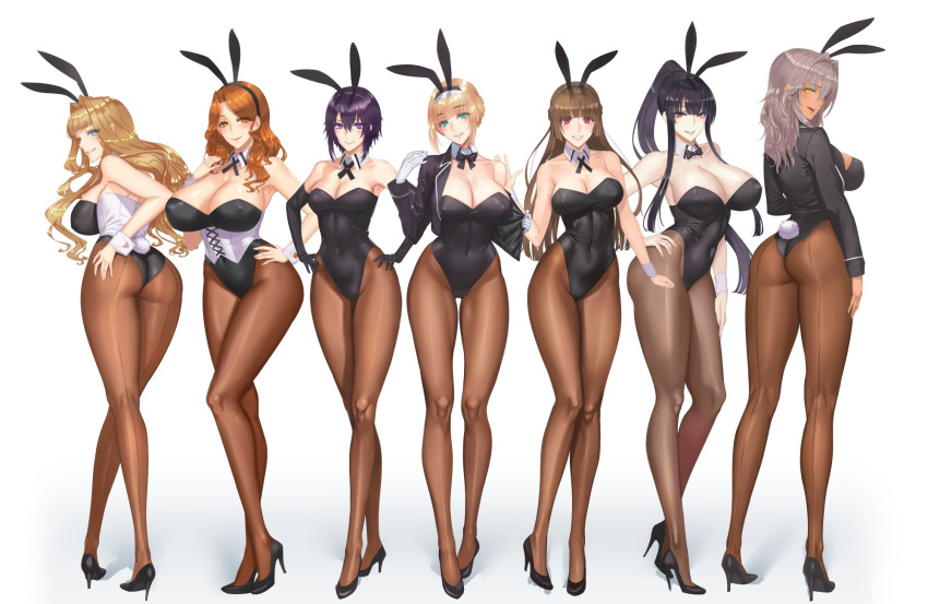 6+girls alessandra_(damegane) animal_ears aqua_eyes ass bangs bare_shoulders black_gloves black_hair black_leotard blonde_hair blue_eyes breasts brown_eyes brown_hair bunny_ears bunny_girl bunny_tail bunnysuit clavicle cleavage covered_navel cropped_jacket damegane dark_skin detached_sleeves elbow_gloves erect_nipples erect_nipples_under_clothes eyebrows_visible_through_hair fake_animal_ears felicia_(damegane) female full_body gloves grey_hair hand_on_hip high_heels high_resolution jacket large_breasts leotard lidia_(damegane) long_hair looking_at_viewer multiple_girls mylene_(damegane) nipples open_clothes open_jacket original pale_skin pantyhose purple_eyes purple_hair red_eyes reena_(damegane) sakura_(damegane) shoes short_hair simple_background smile standing strapless strapless_leotard tail victoria_(damegane) white_background white_gloves wrist_cuffs yellow_eyes