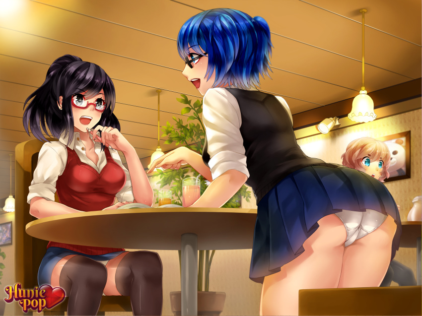 accurate_art_style aiko_yumi black_hair blue_hair female female_only huniepop multiple_females nikki_ann-marie panties panty_shot teacher thigh_highs thighhighs