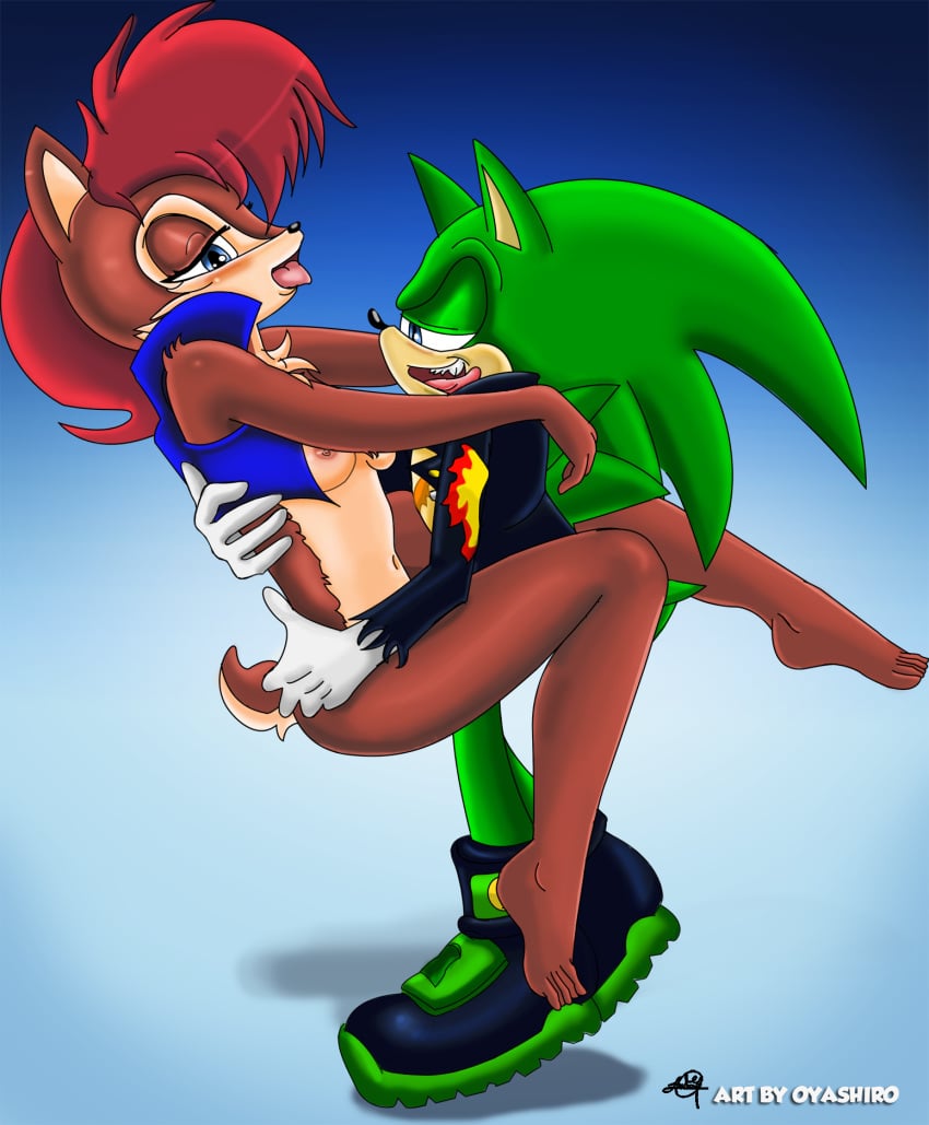 anthro blue_eyes breasts chipmunk couple female furry gloves green_body hair hedgehog leather_jacket male oyashirothr43 penetration penis red_hair rodent sally_acorn scar scourge_the_hedgehog sega sex sonic_(series) teeth tongue tongue_out vaginal_penetration