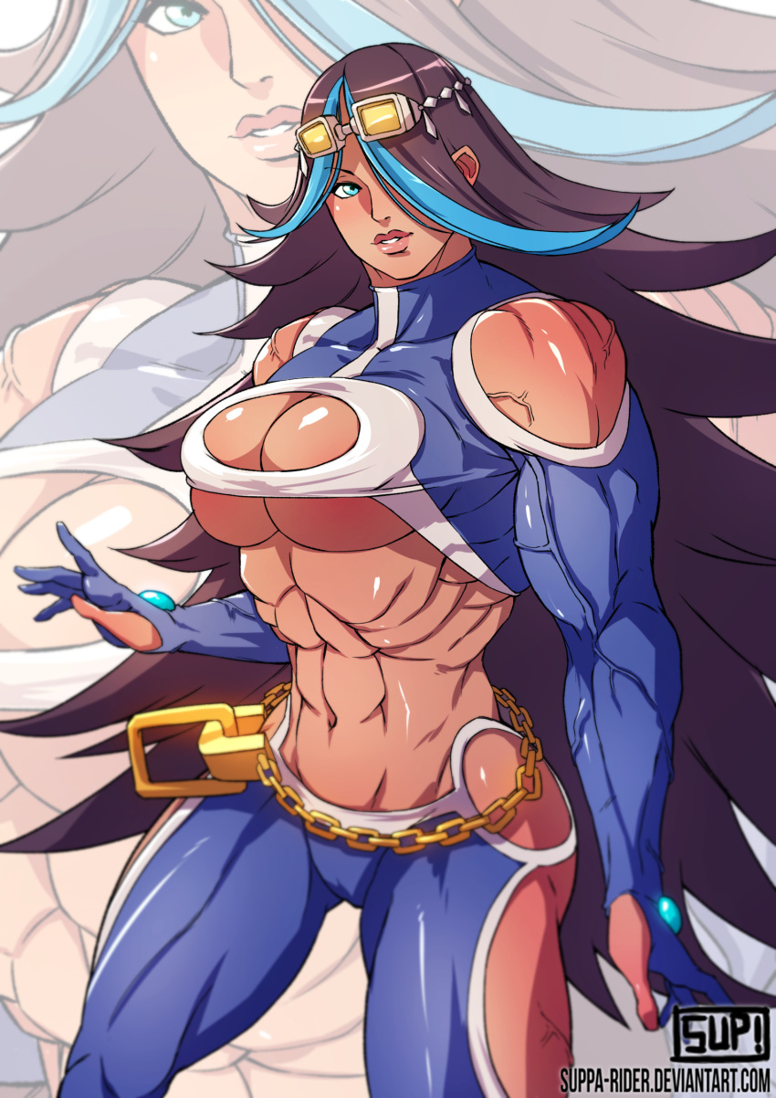 abs blue_eyes blue_highlights breasts cleavage close-up_background clothed clothed_female female game_freak hair_over_one_eye human human_only large_breasts looking_at_viewer muscles muscular muscular_female navel nintendo pokemon pokemon_oras pokemon_rse shelly_(pokemon) shelly_(pokemon_oras) silvina_(pokémon) solo suppa-rider team_aqua underboob veins