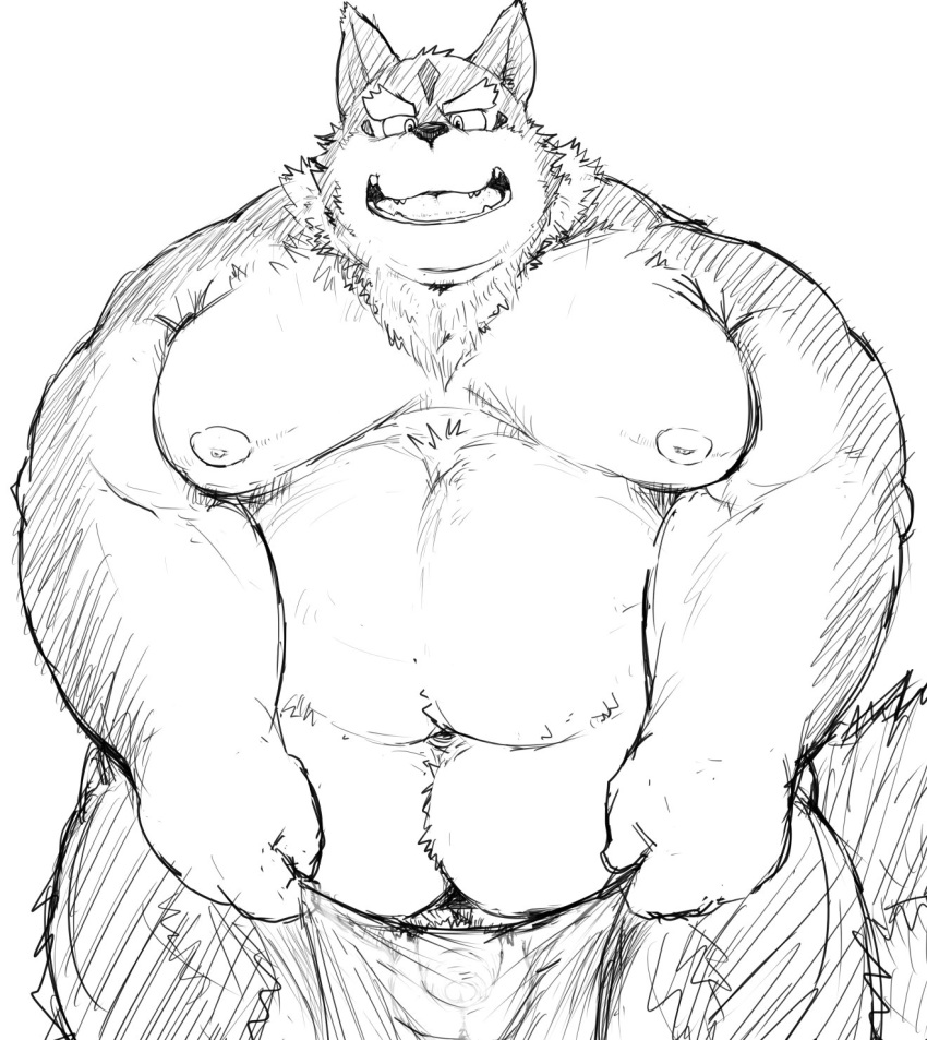 2016 barazoku black_and_white canine clothed clothing facing_viewer flaccid furry humanoid_penis kemono kotobuki loincloth looking_at_viewer male mammal monochrome moobs muscular obese overweight partially_clothed penis simple_background sketch solo tattoo translucent transparent_clothing uncut white_background