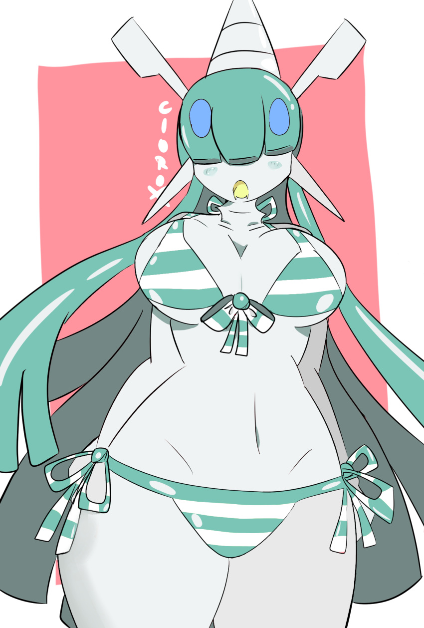 1girls big_breasts bikini bikini_bottom bikini_top blush breasts celesteela cloroxformius female female_only green_hair nintendo open_mouth pokemon pokemon_sm pokemorph solo tagme thighhighs wide_hips