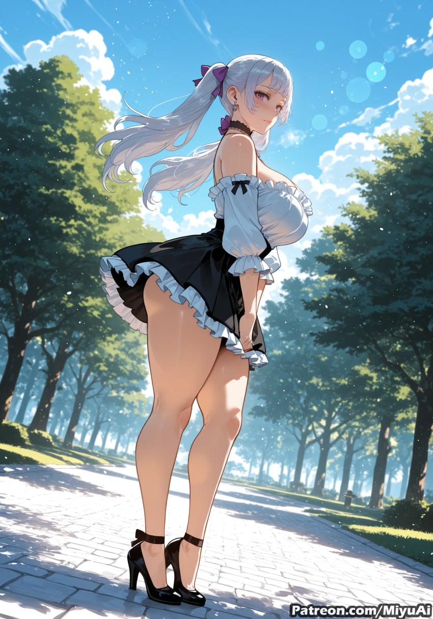 1girl ai_assisted ai_generated ass bangs bare_legs bare_shoulders black_clover black_footwear blue_sky blush breasts cloud curvaceous curvy curvy_female curvy_figure day detached_sleeves dido_(azur_lane) dress earrings eyebrows_visible_through_hair female frilled_shirt frills full_body hair_ribbon high_heels jewelry large_breasts long_hair looking_at_viewer looking_back miyuai noelle_silva outdoors pink_eyes purple_eyes ribbon silver_hair skirt sky solo standing thick thick_ass thick_butt thick_hips thick_legs thick_thighs thighs tree twintails voluptuous voluptuous_female water wide_hips wide_thighs