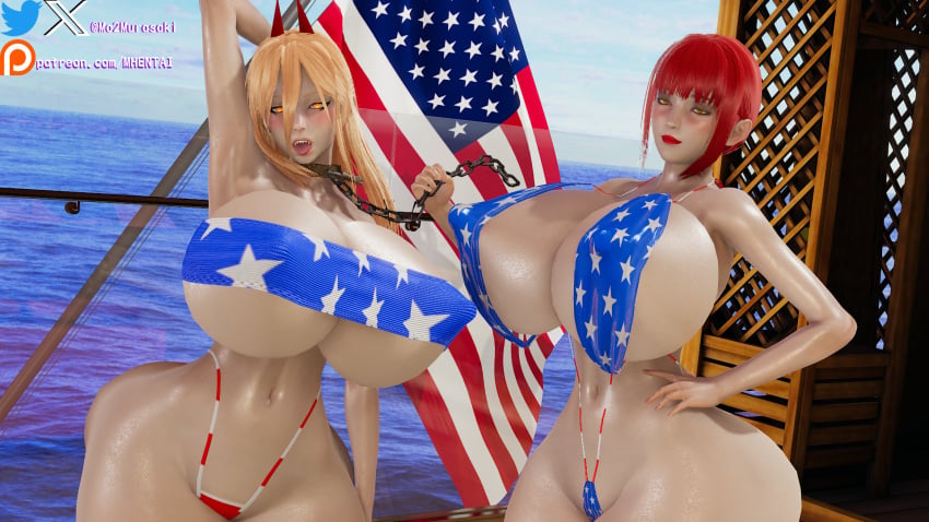 2girls 3d 3d_(artwork) 4th_of_july american_flag_bikini chainsaw_man demon demon_girl demon_horns honey_select_2 huge_ass huge_breasts huge_thighs illusion_soft large_ass large_breasts large_thighs long_hair makima_(chainsaw_man) murasakio_(artist) orange_eyes orange_hair power_(chainsaw_man) red_hair slave_collar