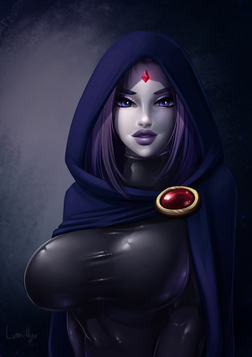 2018 blue_eyes breasts closed_mouth clothed dc dc_comics dcau eyelashes eyewear female female_only grey_skin hood hoodie large_breasts latex luminyu makeup open_eyes purple purple_eyes purple_hair rachel_roth raven_(dc) skin smile smooth_skin solo solo_focus tagme teen_titans text url watermark