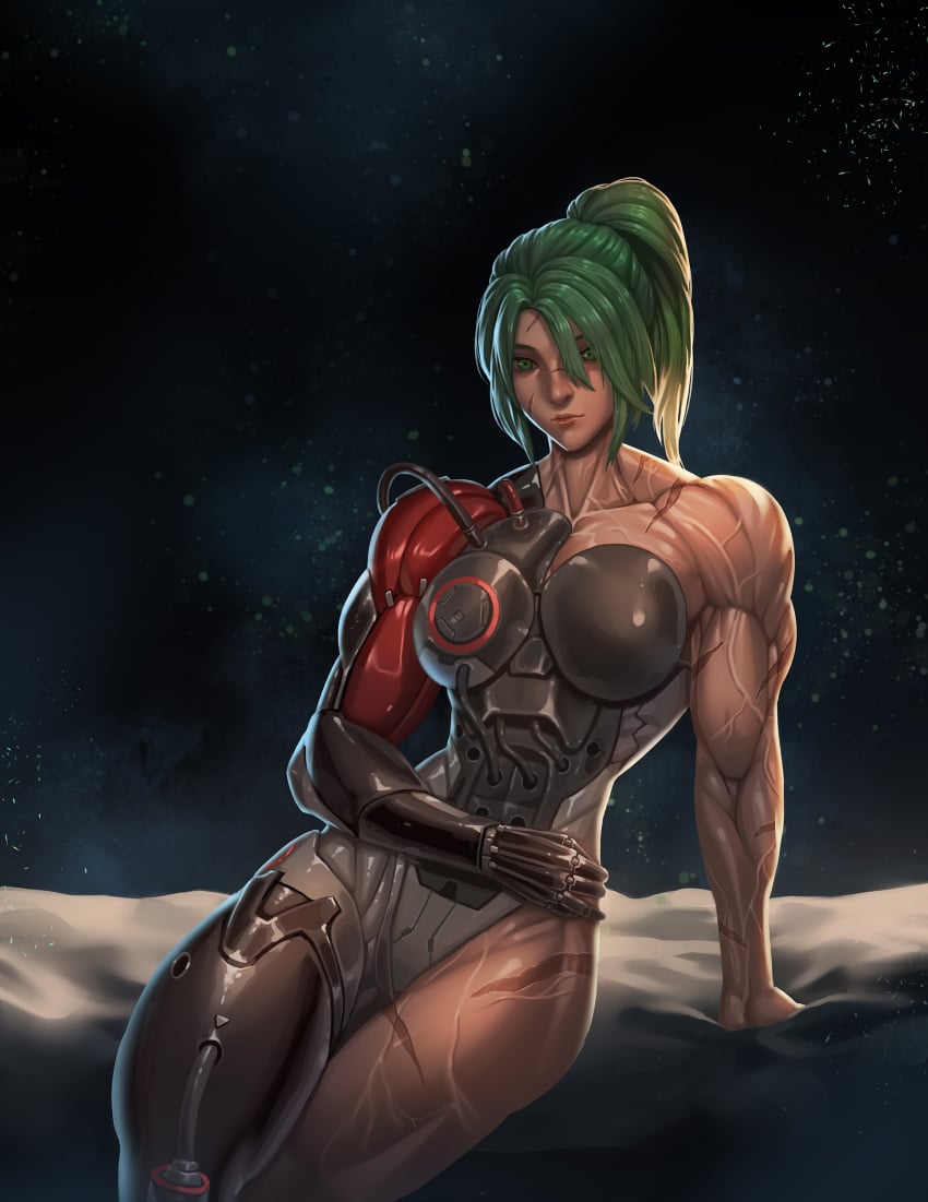 blackwatch_genji blizzard_entertainment cyborg female genji genji_(female) green_eyes green_hair looking_at_viewer muscles muscular muscular_female overwatch ponytail rokupan rule_63 scar solo veins