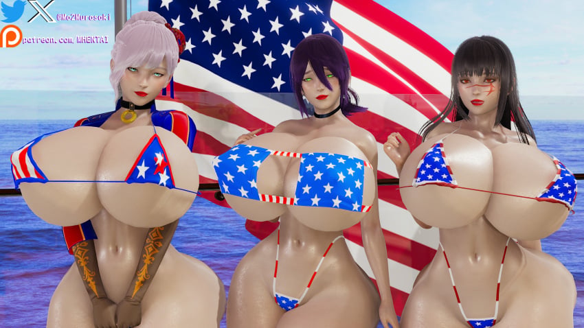 3d 3d_(artwork) 3girls 4th_of_july american_flag_bikini black_hair blue_eyes breasts chainsaw_man fate/grand_order fate_(series) female female_only gigantic_breasts honey_select_2 huge_ass huge_breasts huge_thighs illusion_soft large_breasts light-skinned_female miyamoto_musashi_(fate) miyamoto_musashi_(swimsuit_berserker) miyamoto_musashi_(swimsuit_berserker)_(second_ascension)_(fate) multiple_girls murasakio_(artist) purple_hair reze_(chainsaw_man) yoru_(chainsaw_man)