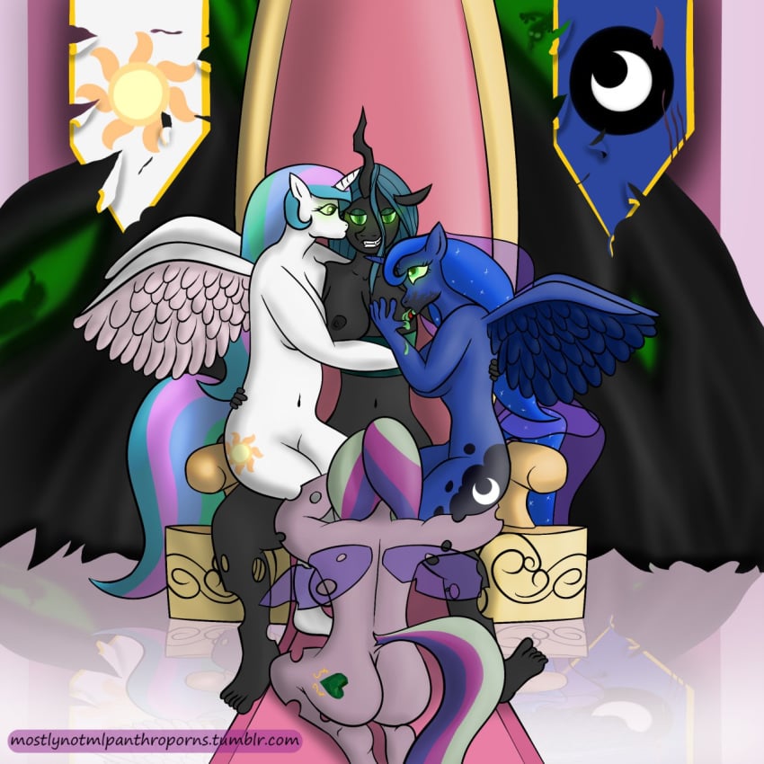 alicorn anthro anthrofied big_breasts breasts changeling corruption cosmic_hair cutie_mark equine feathered_wings feathers female femdom femsub foursome friendship_is_magic glowing glowing_eyes green_eyes group group_sex hair hand_on_breast hole_(anatomy) horn hypnosis insect_wings kneeling lactating lezdom mammal mind_control mostlymlpanthroporn multicolored_hair multiple_girls multiple_subs my_little_pony navel nude on_lap princess_cadance_(mlp) princess_celestia_(mlp) princess_luna_(mlp) queen_chrysalis_(mlp) rear_view sex sitting slit_pupils smile spread_legs spreading transformation wings yuri