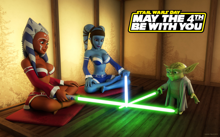 1boy 2girls 3d aayla_secura age_difference ahsoka_tano alien alien_girl artist_name bald bare_shoulders barefoot belt big_breasts blue_eyes blue_skin blue_skirt busty cleavage cloak clone_wars curvy detailed_background english_text eyelashes female freckles front_view green_eyes group headgear holding_object hourglass_figure humanoid indoors inside jedi jedi_master jedi_padawan kondaspeter lightsaber looking_down male mammal meditation midriff multiple_females multiple_girls orange_skin pillow pose posing purple_lips red_skirt room shadow shiny shiny_skin sitting skirt standing star_wars text togruta twi'lek voluptuous weapon wide_hips yellow_eyes yoda yoda's_species