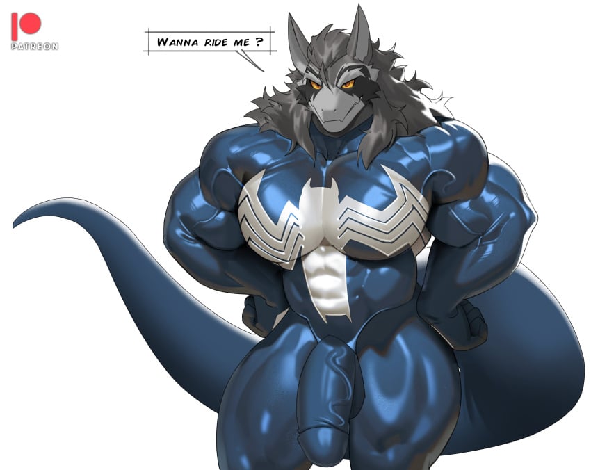 2026 abs absurd_res anthro big_penis black_latex bodysuit clothing cxcxxcxxxx dialogue dragon english_text fur furred_dragon furred_scalie genitals grey_body grey_fur grey_hair hair hi_res humanoid_genitalia humanoid_penis latex latex_bodysuit latex_clothing latex_skinsuit male marvel moobs multicolored_bodysuit multicolored_clothing multicolored_skinsuit muscular muscular_anthro muscular_male mythological_creature mythological_scalie mythology orange_eyes pecs penis scalie simple_background skinsuit solo speech_bubble tail text thick_thighs tight_clothing two_tone_bodysuit two_tone_clothing two_tone_skinsuit vein veiny_penis venom_(marvel) white_background white_latex yellow_sclera