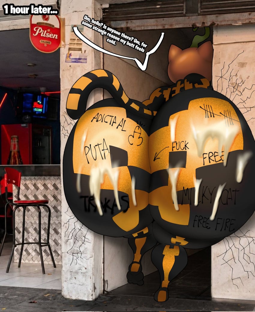 a_chance_encounter anthro big_butt black_body bodily_fluids body_writing butt crowundeadcat cum cum_in_ass cum_inside domestic_cat english_text epic_games felid feline felis female fortnite genital_fluids hi_res huge_butt mammal meme mixed_media photo_background photography_(artwork) solo spanish_text spice_(fortnite) tail text thick_thighs writing_on_butt