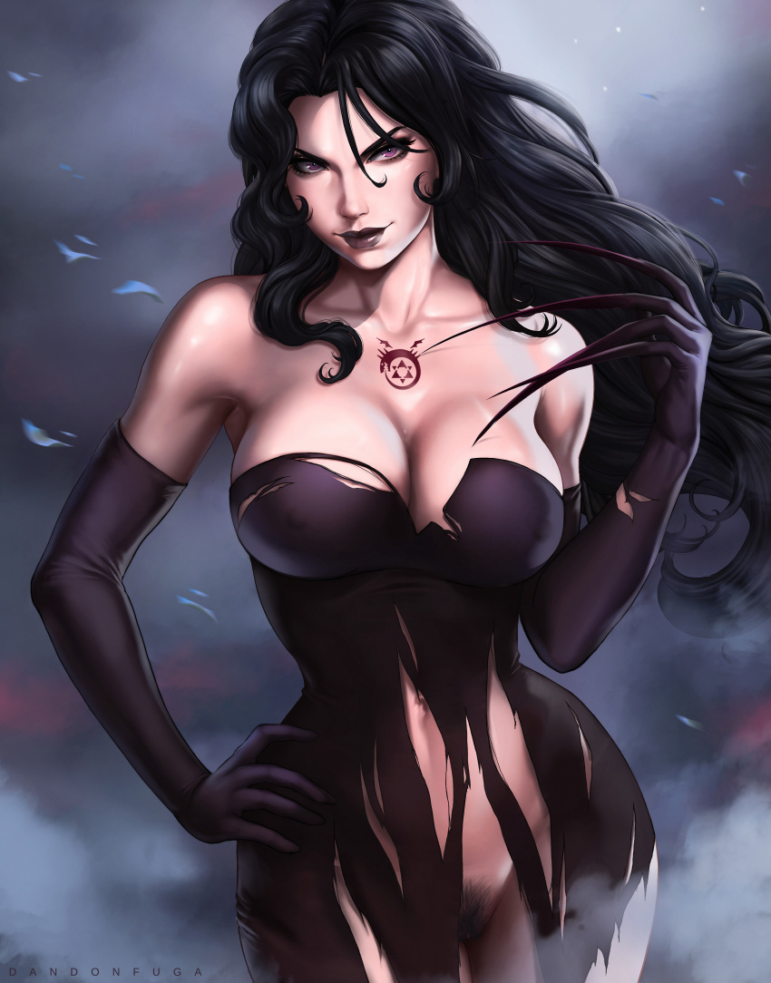 absurdres artist_name bare_shoulders black_dress black_gloves black_hair black_lips breasts claws cleavage closed_mouth cowboy_shot curvy dandon_fuga dress elbow_gloves erect_nipples female floating_hair fullmetal_alchemist gloves groin hand_on_hip highres hips homunculus large_breasts legs lips lipstick long_hair looking_at_viewer lust_(fullmetal_alchemist) makeup navel no_panties pubic_hair purple_eyes pussy simple_background smile solo standing tattoo thighs torn_clothes torn_dress wavy_hair wide_hips